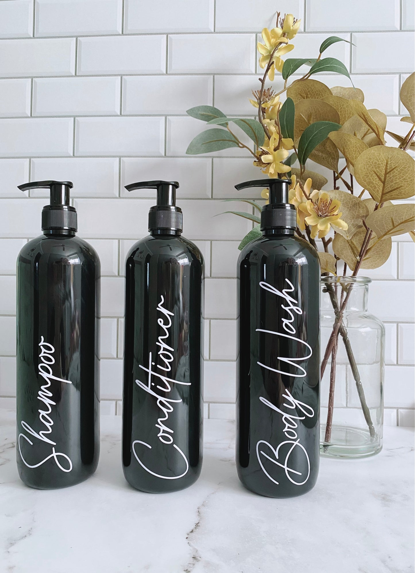 Set of 3 Black Shampoo, Conditioner and Body Wash Pump Bottles