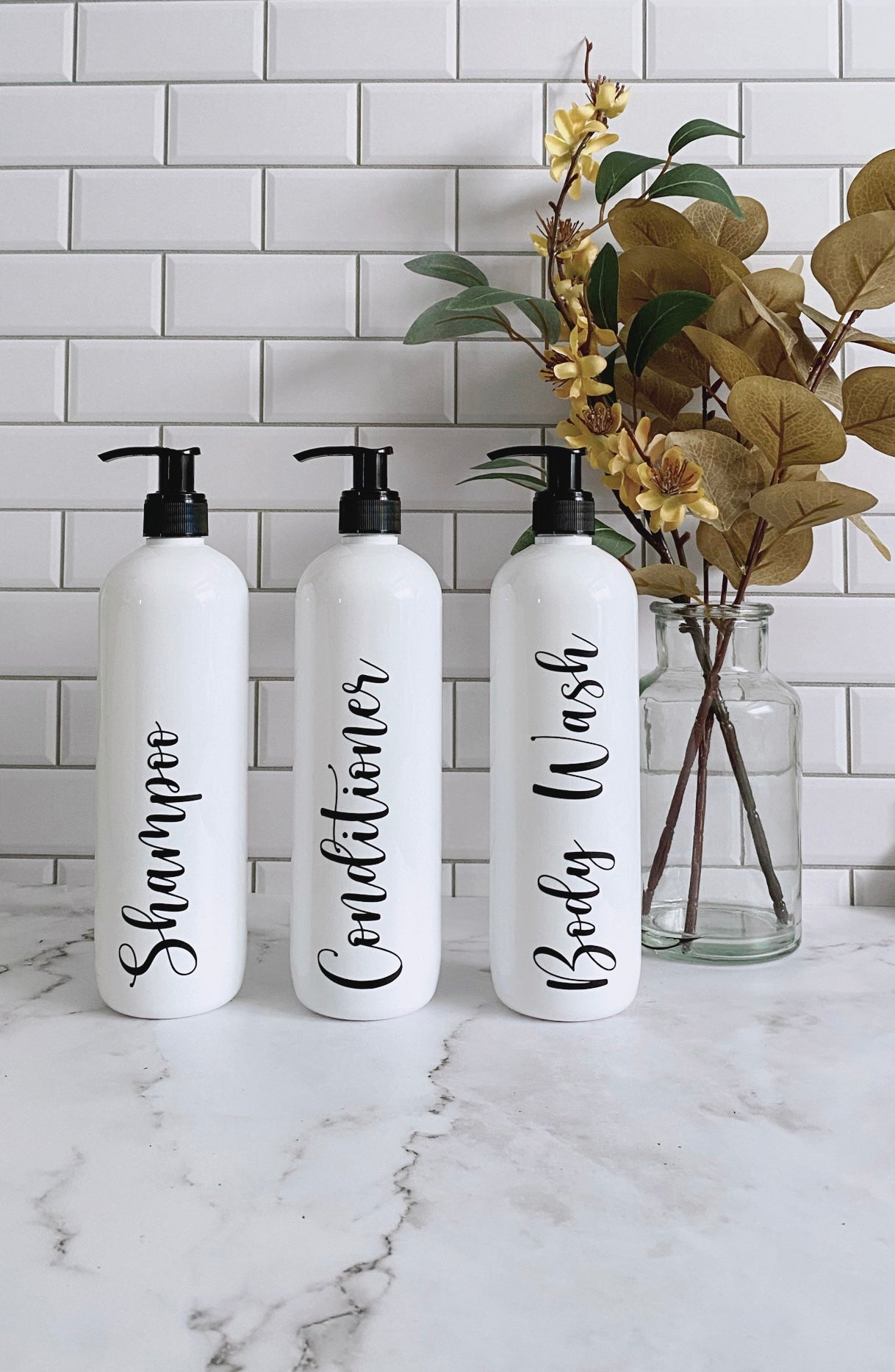 Set of 3 White Shampoo, Conditioner and Body Wash Pump Bottles