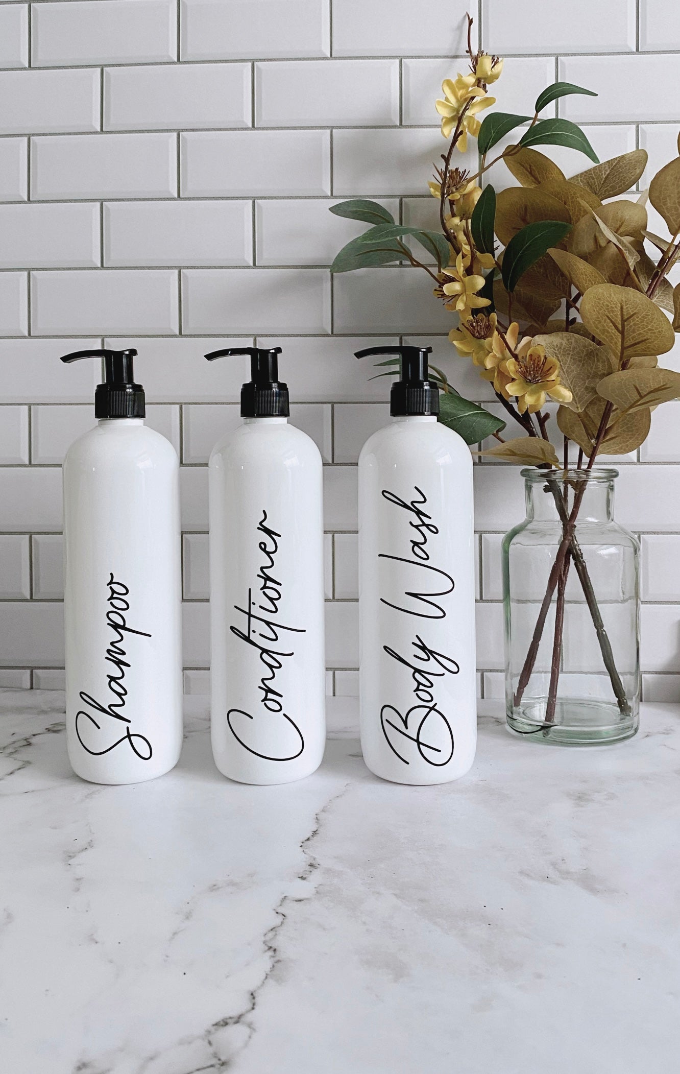 Set of 3 White Shampoo, Conditioner and Body Wash Pump Bottles