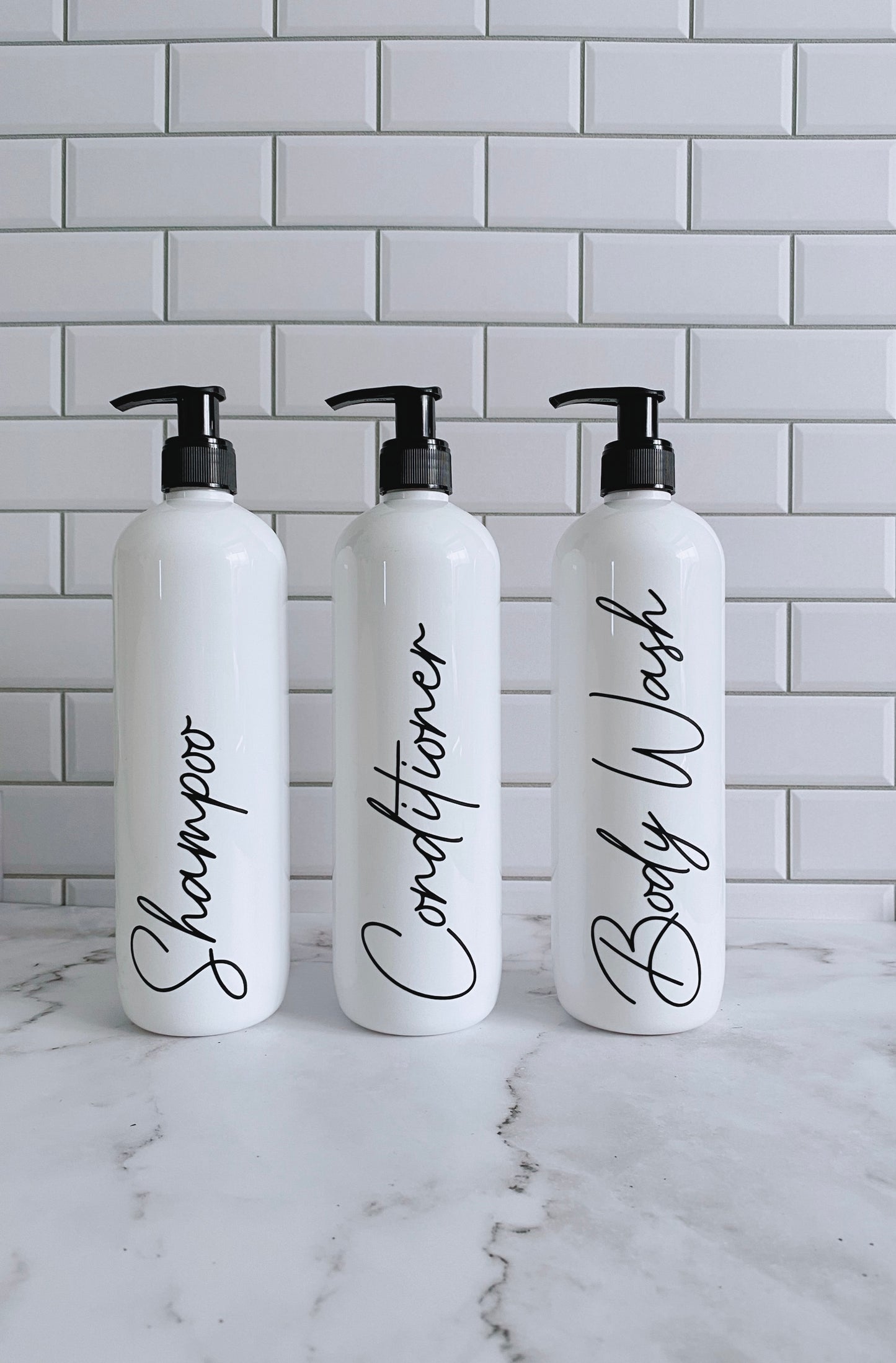 Set of 3 White Shampoo, Conditioner and Body Wash Pump Bottles