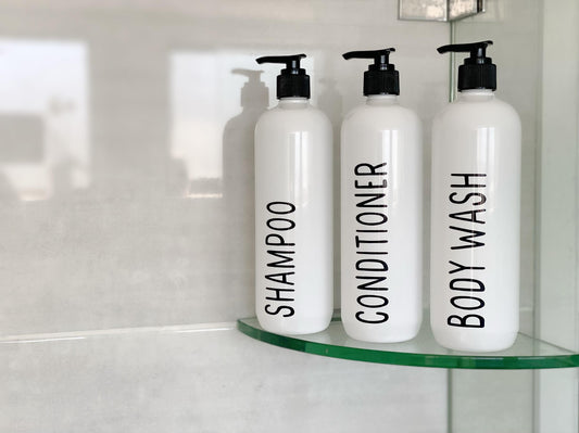 Set of 3 White Shampoo, Conditioner and Body Wash Pump Bottles