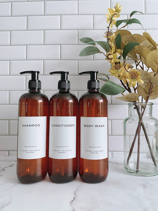 Set of 3 Amber Shampoo, Conditioner and Body Wash Pump Bottles