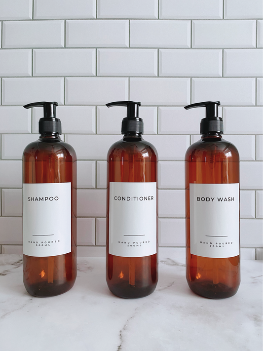 Set of 3 Amber Shampoo, Conditioner and Body Wash Pump Bottles
