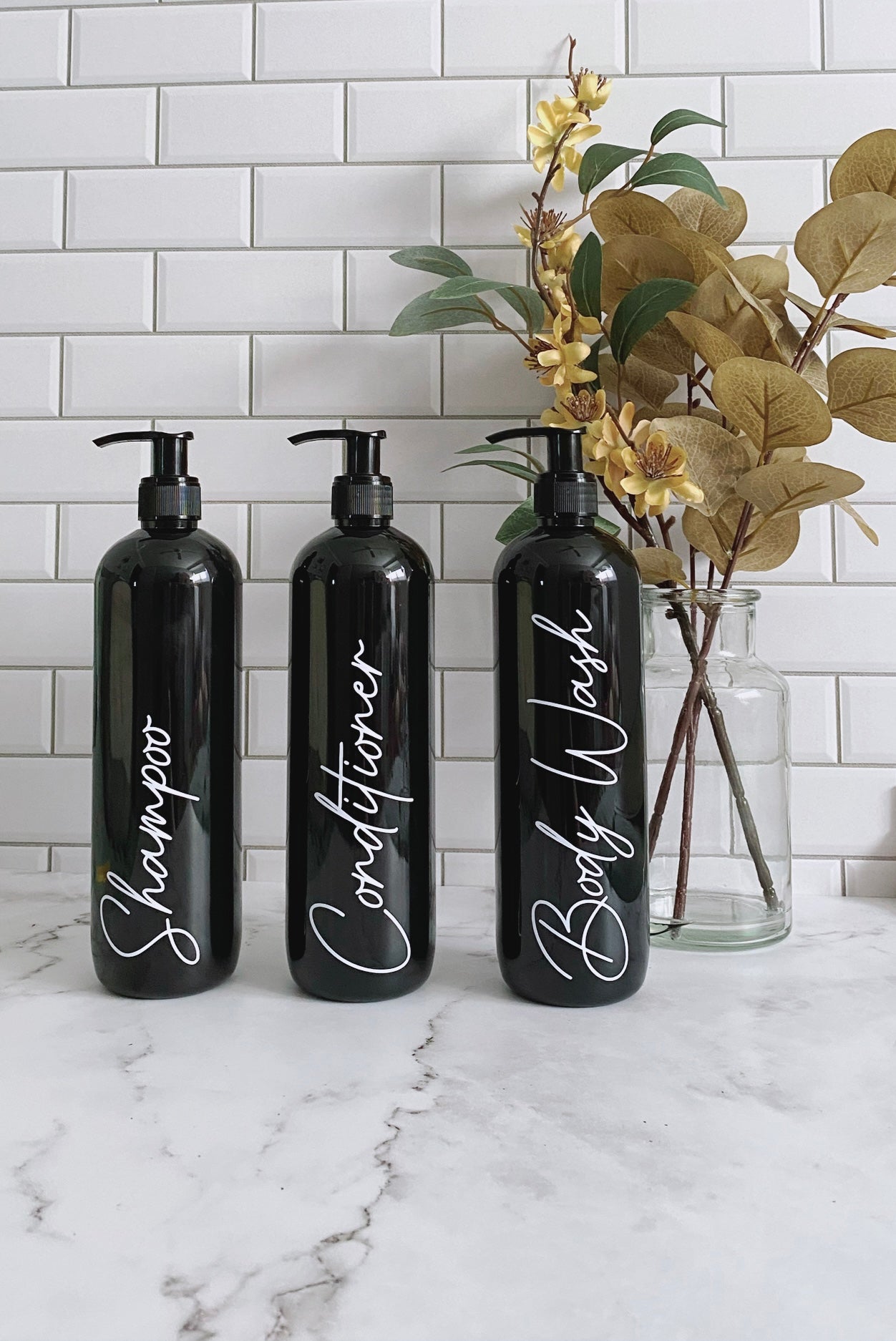 Set of 3 Black Shampoo, Conditioner and Body Wash Pump Bottles
