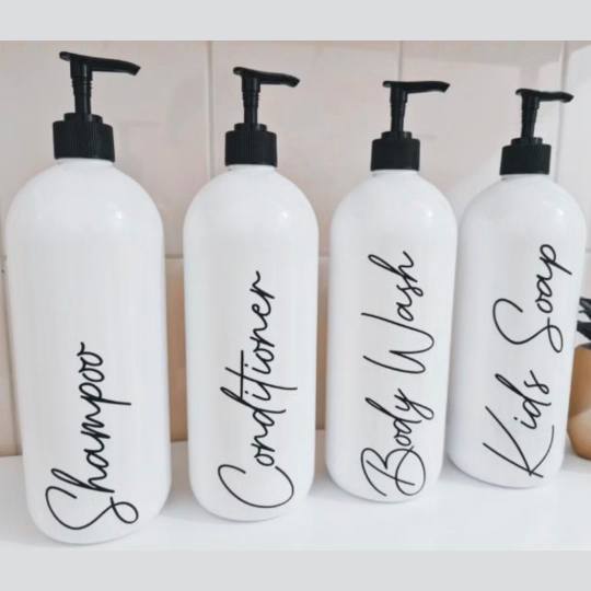 Set of 4 White Shampoo, Conditioner, Body Wash and Kids Soap Pump Bottles Elegant Bathroom